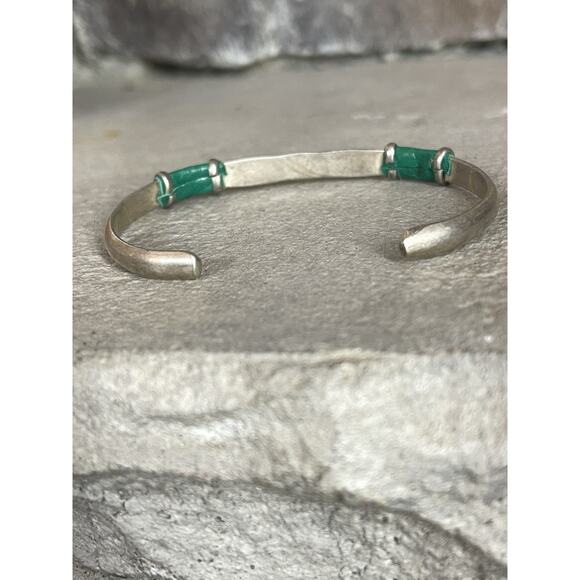 Vintage Sterling Silver Minimalist Cuff Bracelet Green Leather Wrapped Inlay - Picture 6 of 10